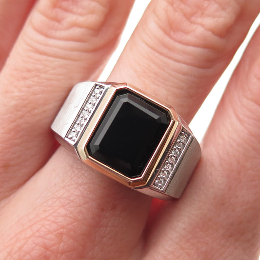 925 Sterling Silver 10K Gold Real Diamond & Black Onyx Ring Size 10.25