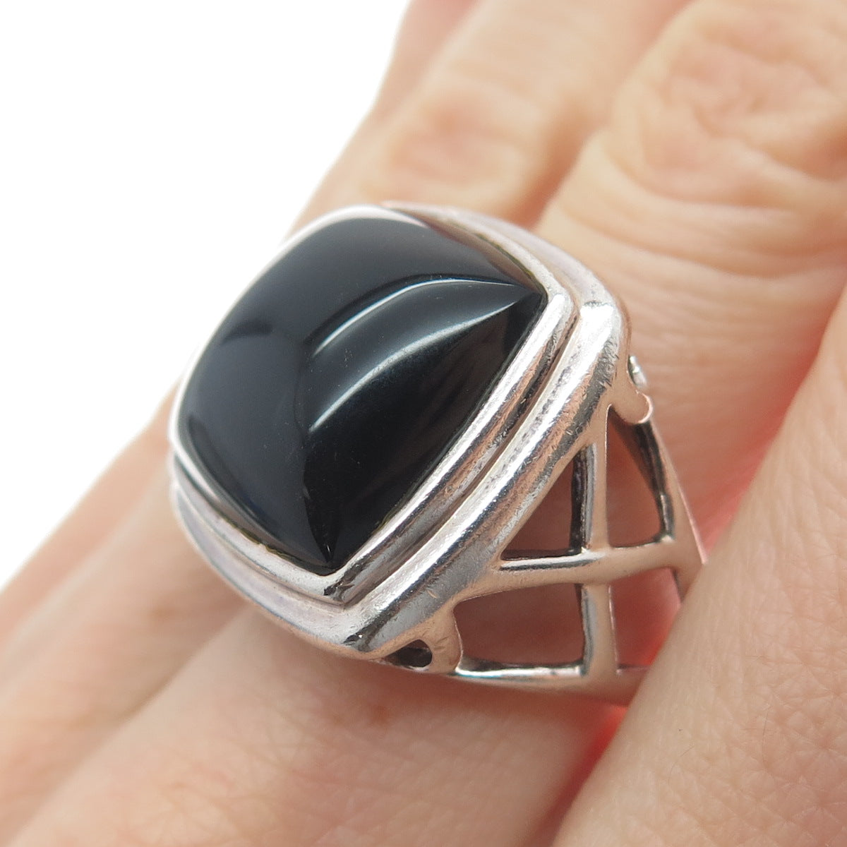 SX SALLY C 925 Sterling Silver Vintage Real Black Onyx Woven Ring Size 7