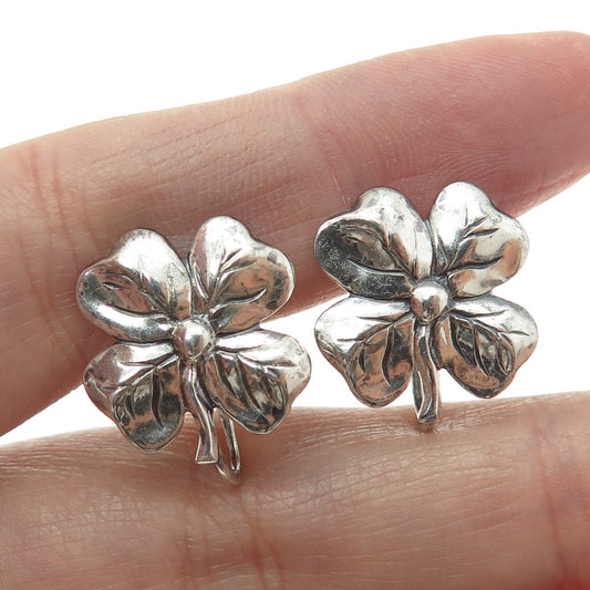 925 Sterling Silver Antique Art Deco Lucky Clover Screw Back Earrings