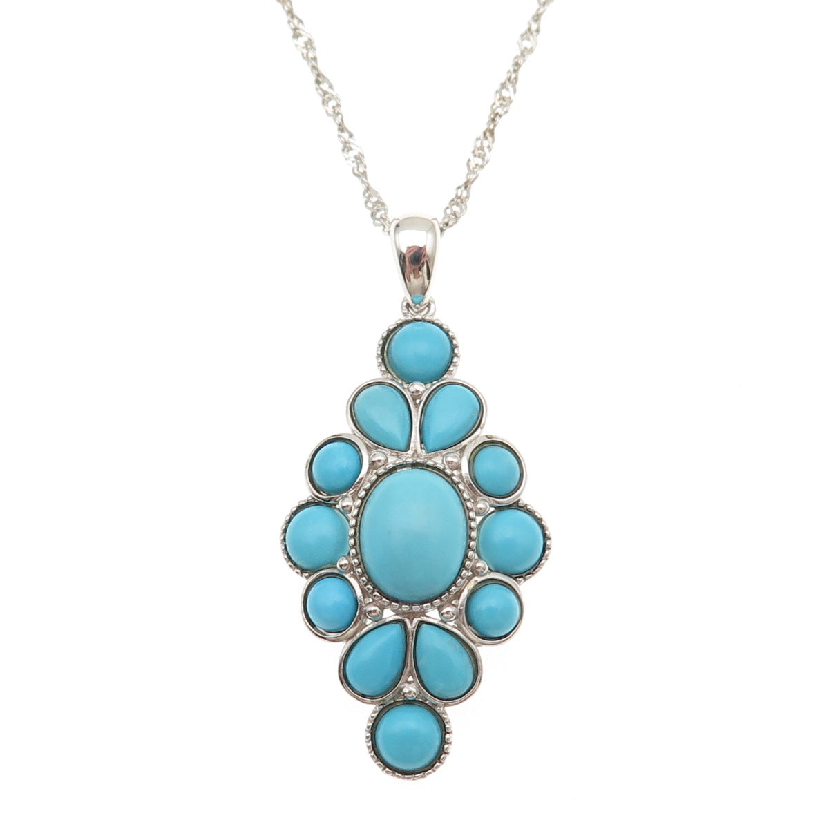 925 Sterling Silver Real Tyrone Turquoise Floral Singapore Chain Necklace 18-20"