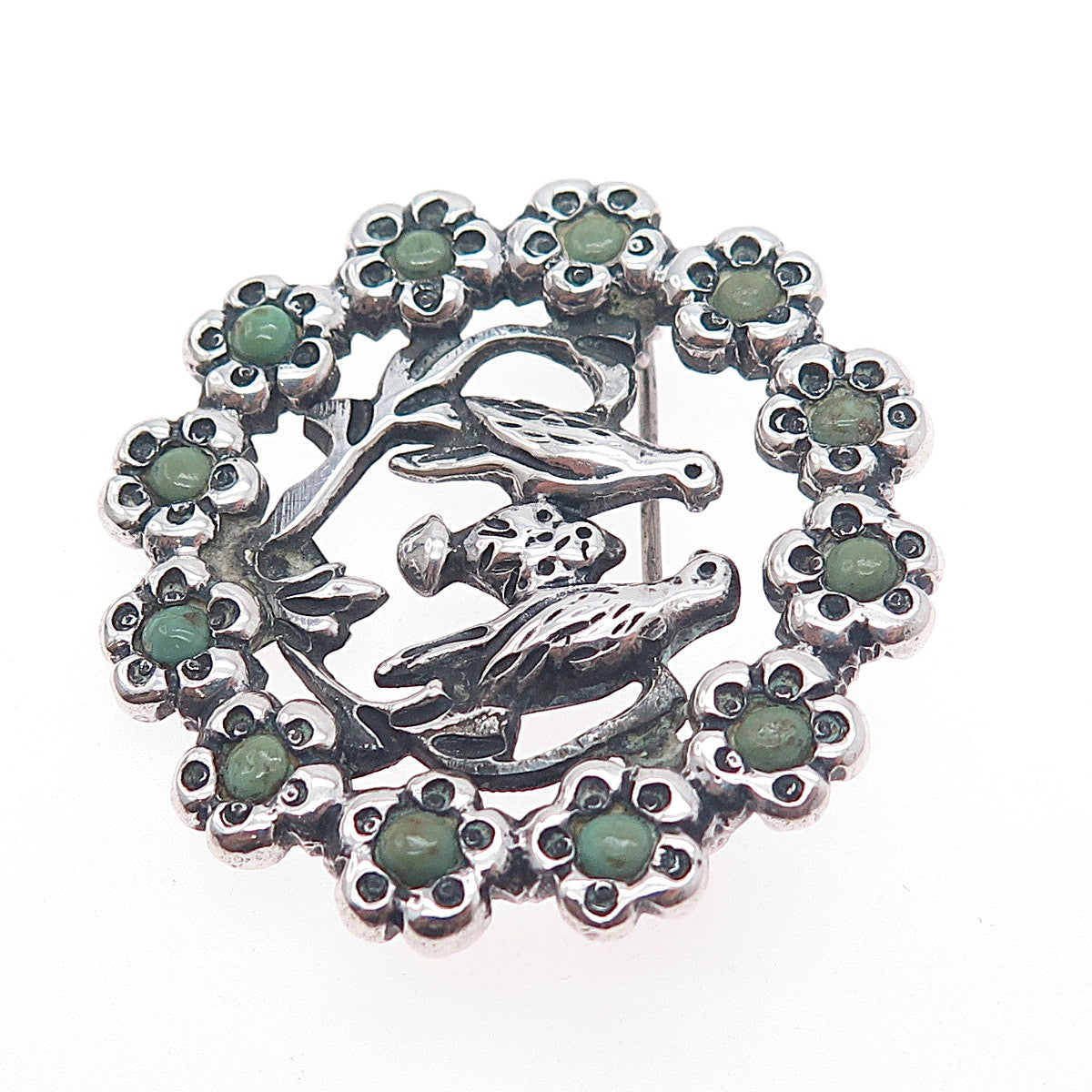 925 Sterling Silver Vintage Mexico Real Turquoise Dove Birds Flower Pin Brooch