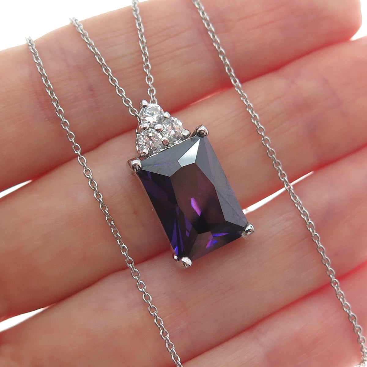 925 Sterling Silver Real Radiant-Cut Amethyst & C Z Cable Chain Necklace 16"