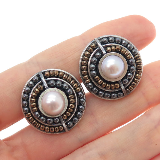 925 Sterling Silver 2-Tone Vintage Pearl Modernist Oxidized Clip On Earrings