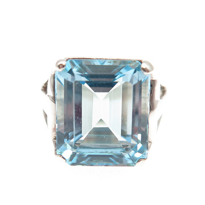 CNA Pranda 925 Sterling Silver Real Emerald-Cut Blue Topaz Ring Size 5.5