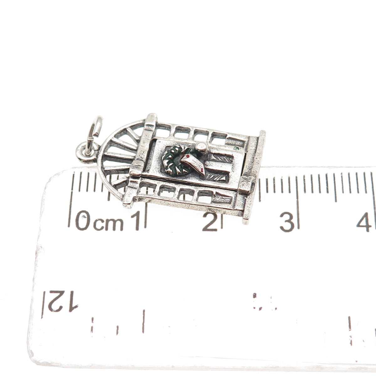 925 Sterling Silver Vintage Enamel Christmas Door Oxidized Charm Pendant
