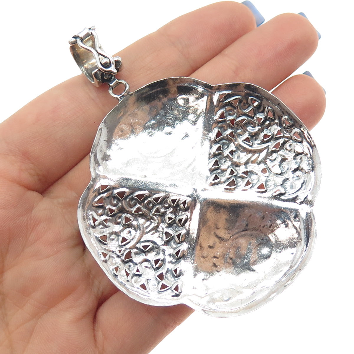 925 Sterling Silver Vintage Engraved Flower Ornate Oxidized Large Pendant