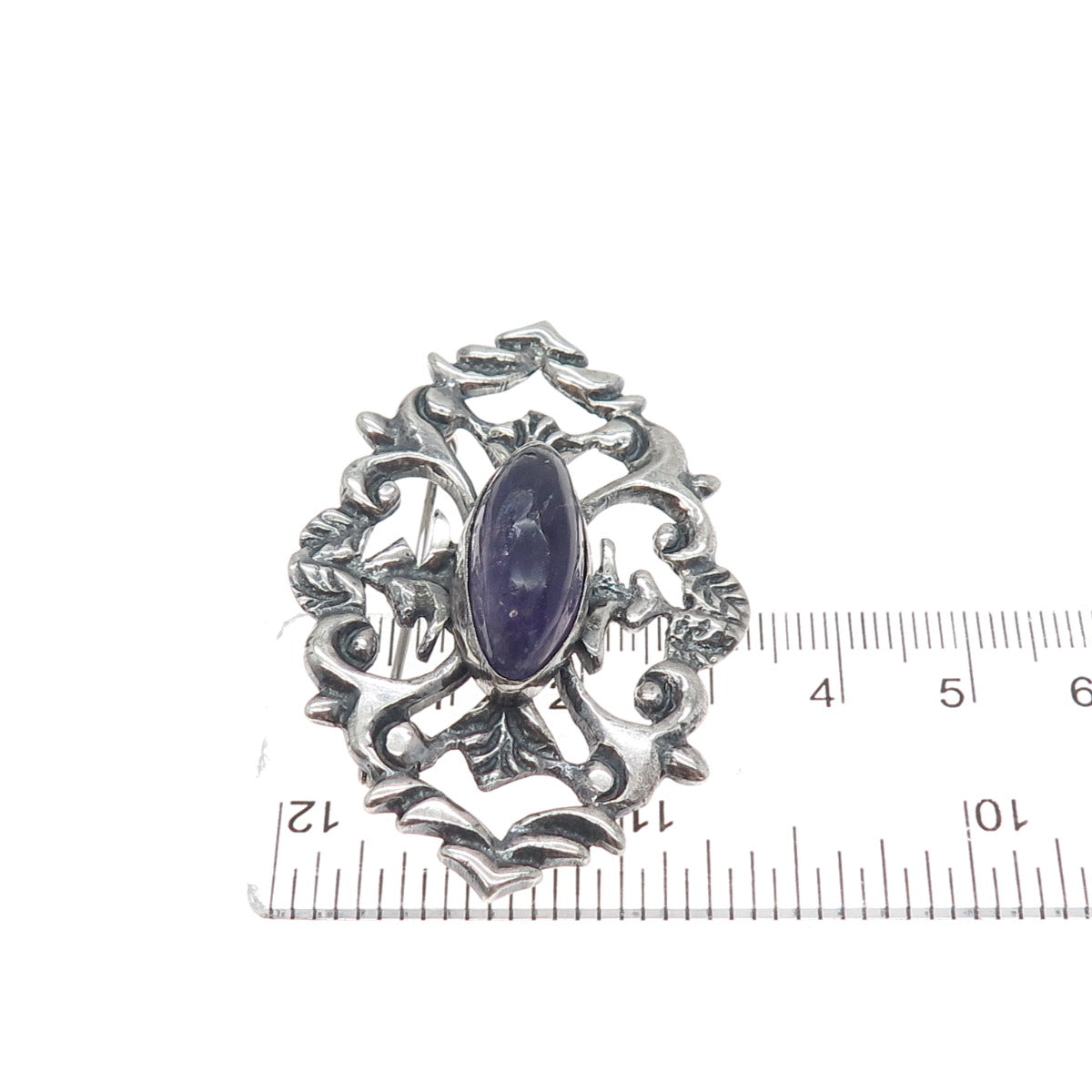 925 Sterling Silver Antique Mexico Real Amethyst Floral Oxidized Pin Brooch
