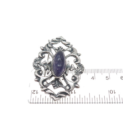 925 Sterling Silver Antique Mexico Real Amethyst Floral Oxidized Pin Brooch