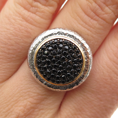 925 Sterling Silver 2-Tone Vintage Real Black Spinel Hammered Ring Size 7