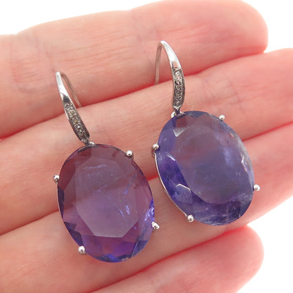 DSMK 925 Sterling Silver Real Diamond & Oval-Cut Amethyst Dangle Earrings