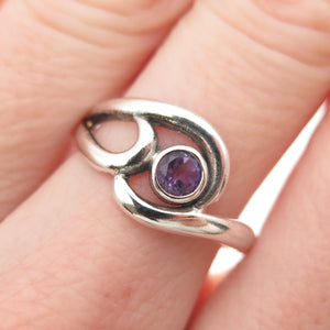 925 Sterling Silver Vintage Real Amethyst Modernist Swirl Ring Size 6.75