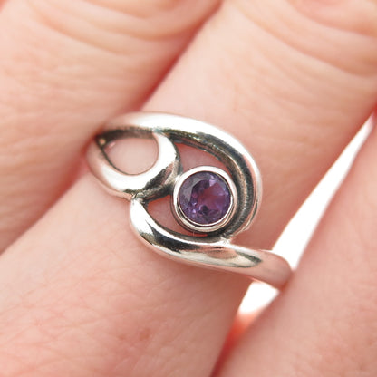 925 Sterling Silver Vintage Real Amethyst Modernist Swirl Ring Size 6.75