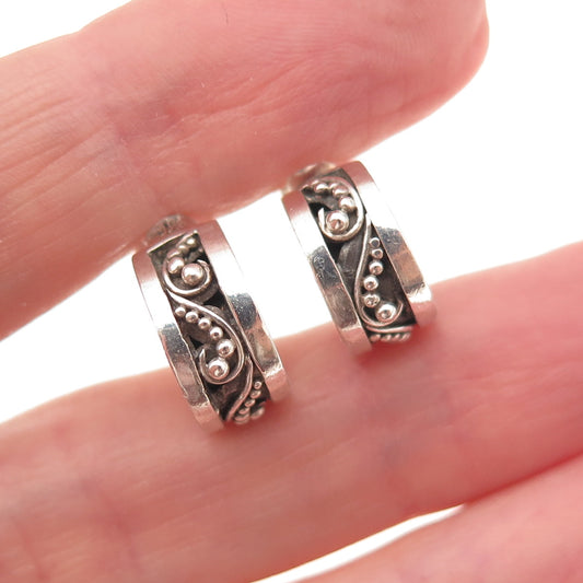 Lois Hill 925 Sterling Silver Vintage Signature Scroll Granulated Hoop Earrings