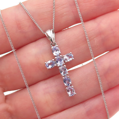 Chuck Clemency 925 Sterling Silver Real Tanzanite Cross Curb Chain Necklace 20"