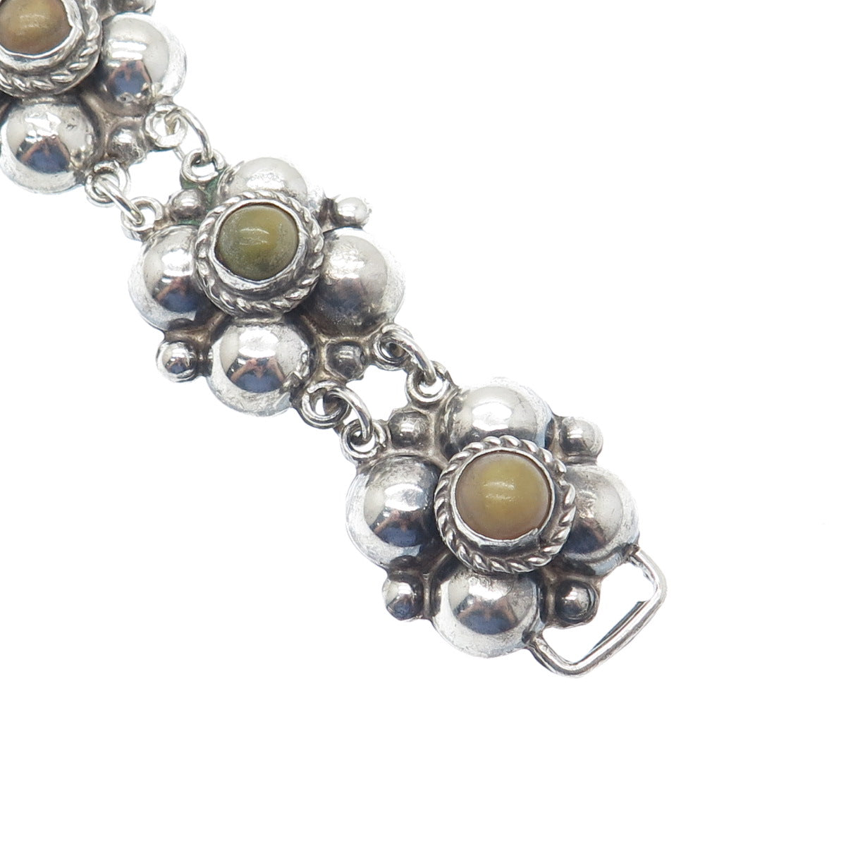 925 Sterling Silver Vintage Mexico Real Jasper Oxidized Flower Bracelet 6.75"