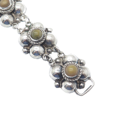 925 Sterling Silver Vintage Mexico Real Jasper Oxidized Flower Bracelet 6.75"