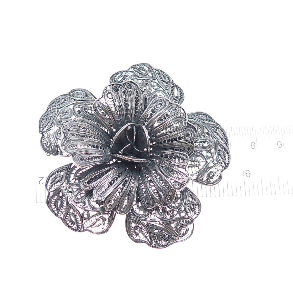 925 Sterling Silver Vintage Mexico Flower Filigree Oxidized Pin Brooch