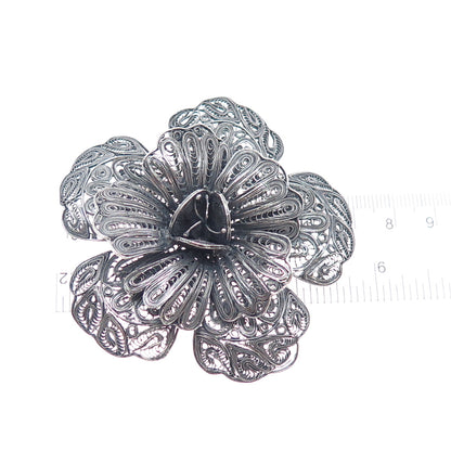 925 Sterling Silver Vintage Mexico Flower Filigree Oxidized Pin Brooch