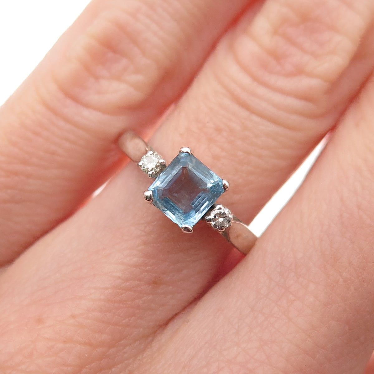 925 Sterling Silver Vintage Real Diamond & Aquamarine Ring Size 5.75