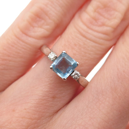 925 Sterling Silver Vintage Real Diamond & Aquamarine Ring Size 5.75