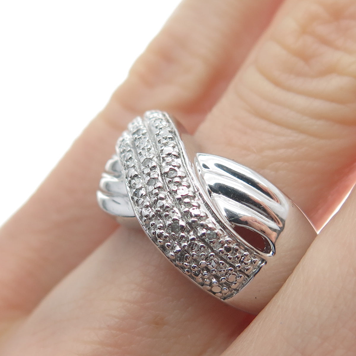 FINA 925 Sterling Silver Real Round-Cut Diamond Crossover Ring Size 7.5