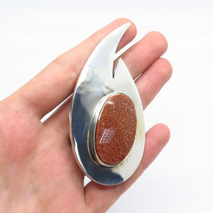 925 Sterling Silver Vintage Israel Real Goldstone Gem Abstract Pin Brooch