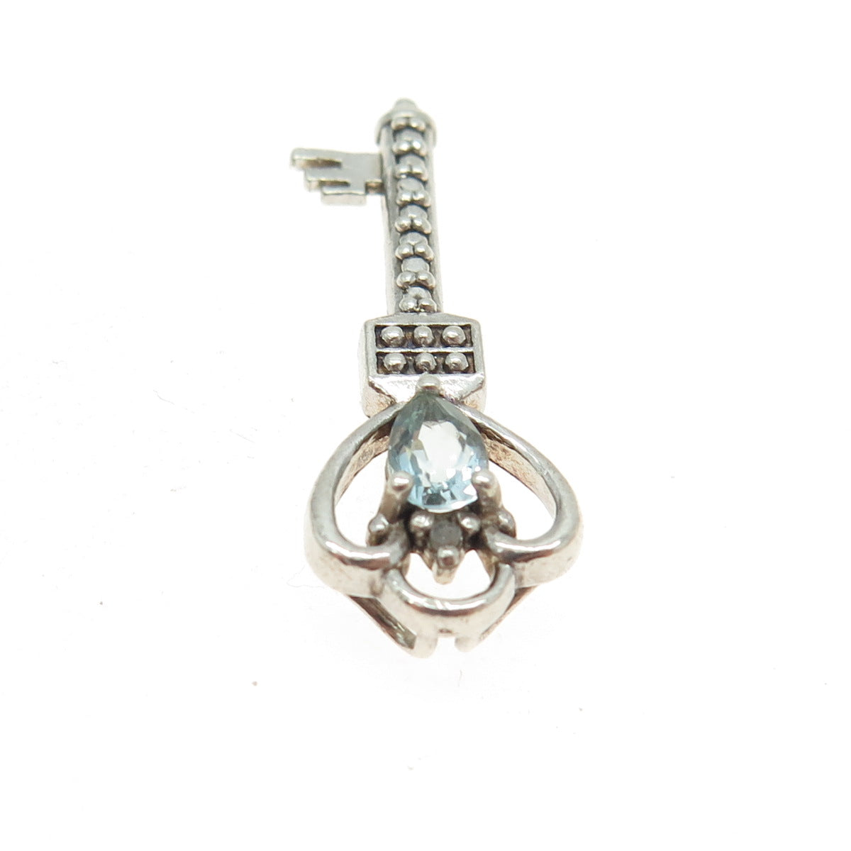 925 Sterling Silver Vintage Real Diamond Accent & Blue Topaz Key Pendant