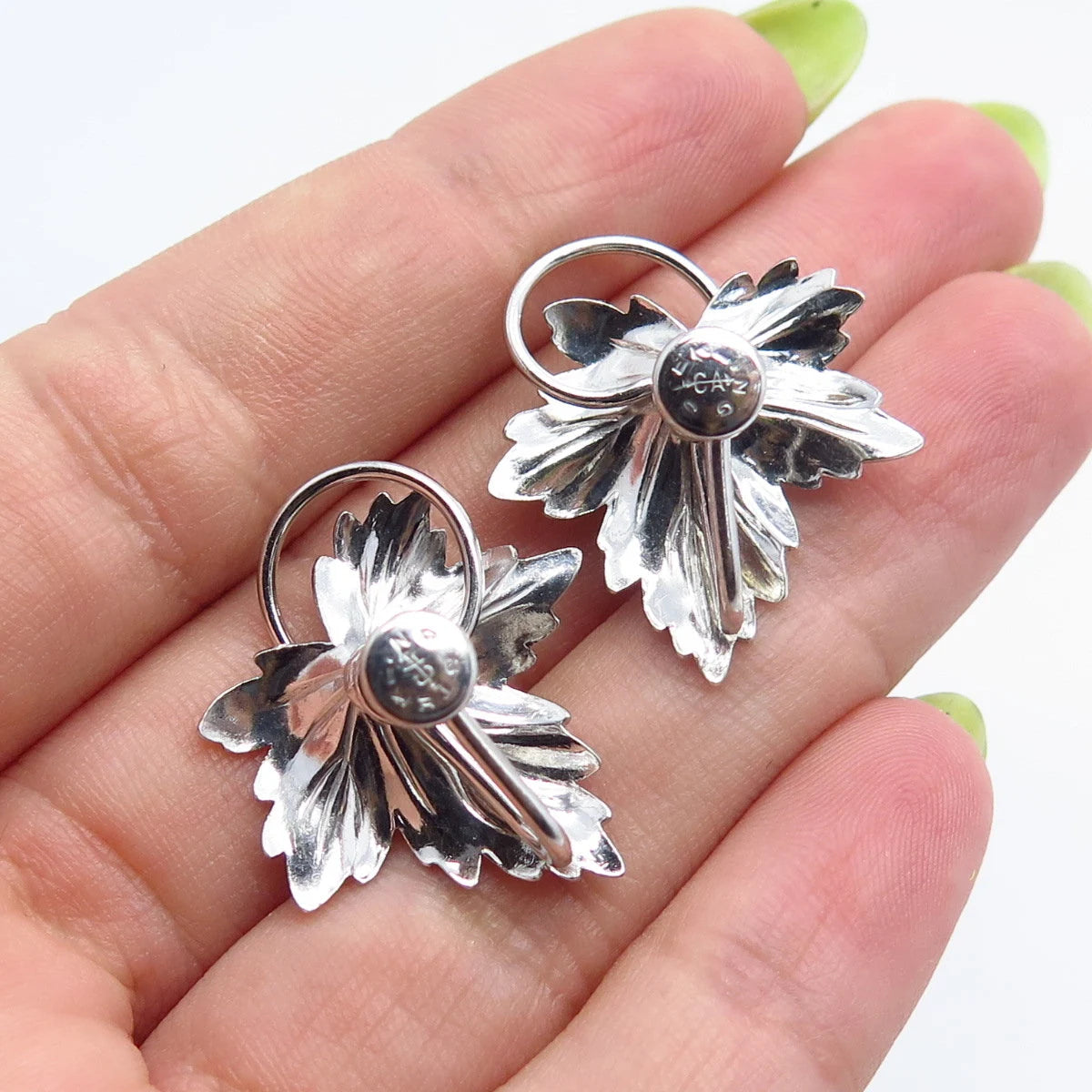 925 Sterling Silver Vintage Carl Art Rhinestone Leaf Screw Back Earrings