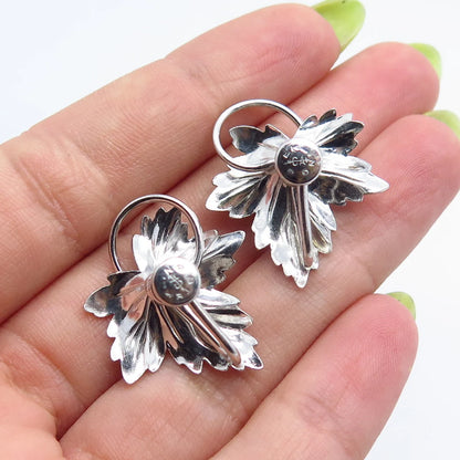925 Sterling Silver Vintage Carl Art Rhinestone Leaf Screw Back Earrings