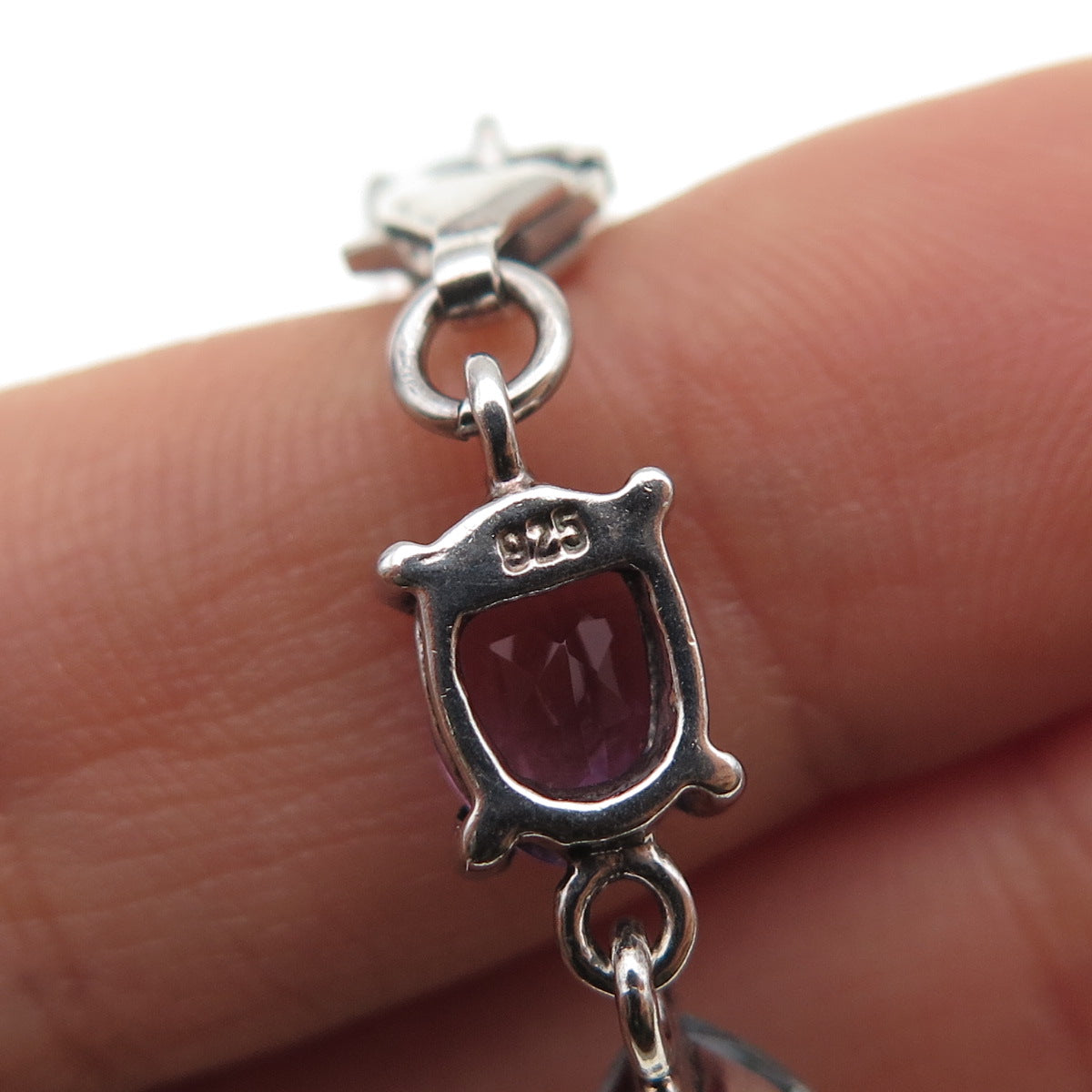 925 Sterling Silver Vintage Oval-Cut Amethyst & Pear-Cut Blue Topaz Bracelet 7"