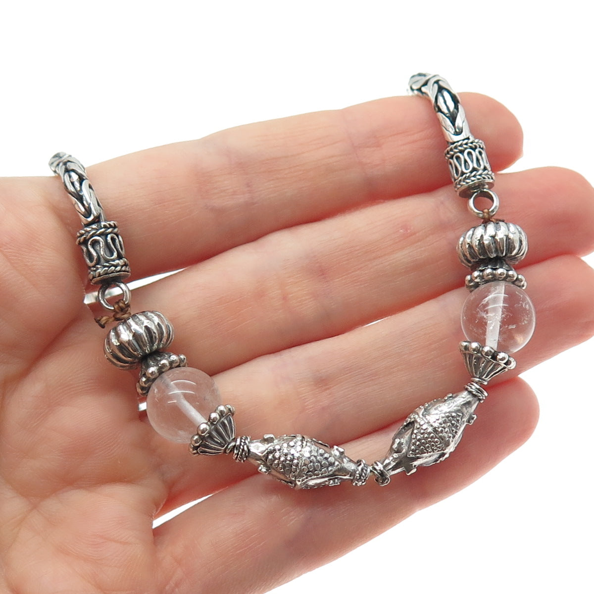 925 Sterling Silver Vintage Clear Crystal Oxidized Byzantine Chain Necklace 18"