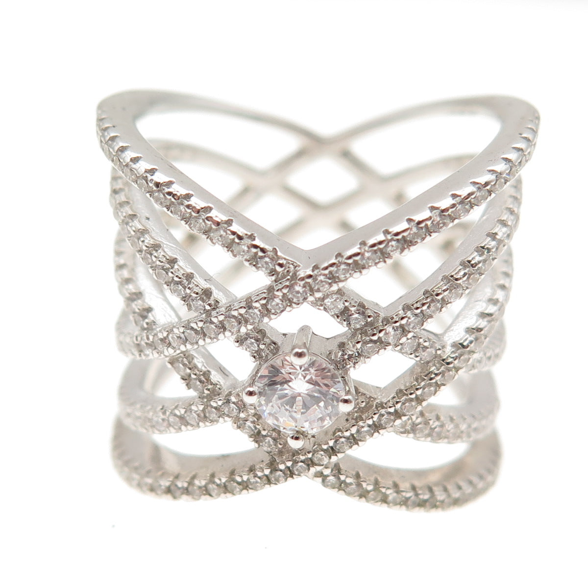 DSMK 925 Sterling Silver Round-Cut C Z Crisscross Ring Size 7.5