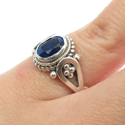 925 Sterling Silver Vintage Blue C Z Boho / Ethnic Ring Size 5.25