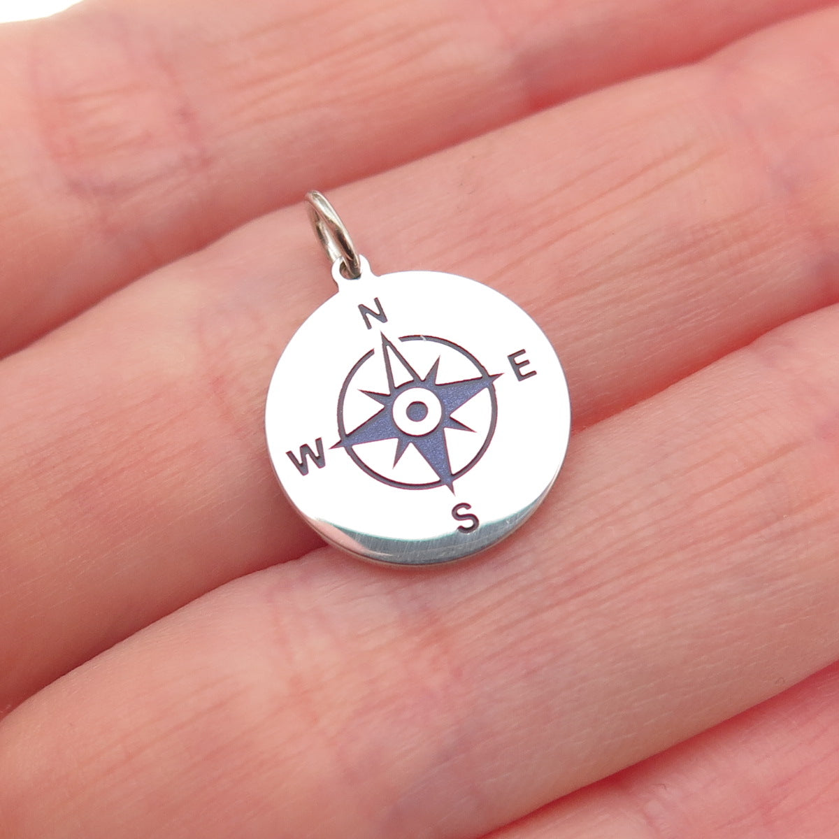 925 Sterling Silver Purple Enamel Compass Round Tag Mini Charm Pendant