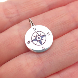 925 Sterling Silver Purple Enamel Compass Round Tag Mini Charm Pendant