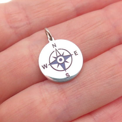 925 Sterling Silver Purple Enamel Compass Round Tag Mini Charm Pendant