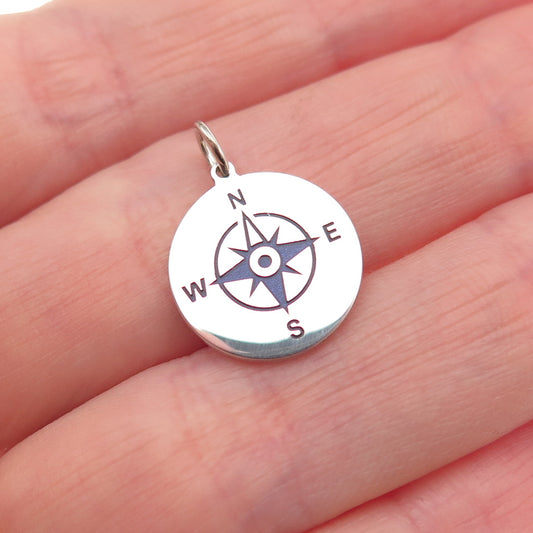 925 Sterling Silver Purple Enamel Compass Round Tag Mini Charm Pendant