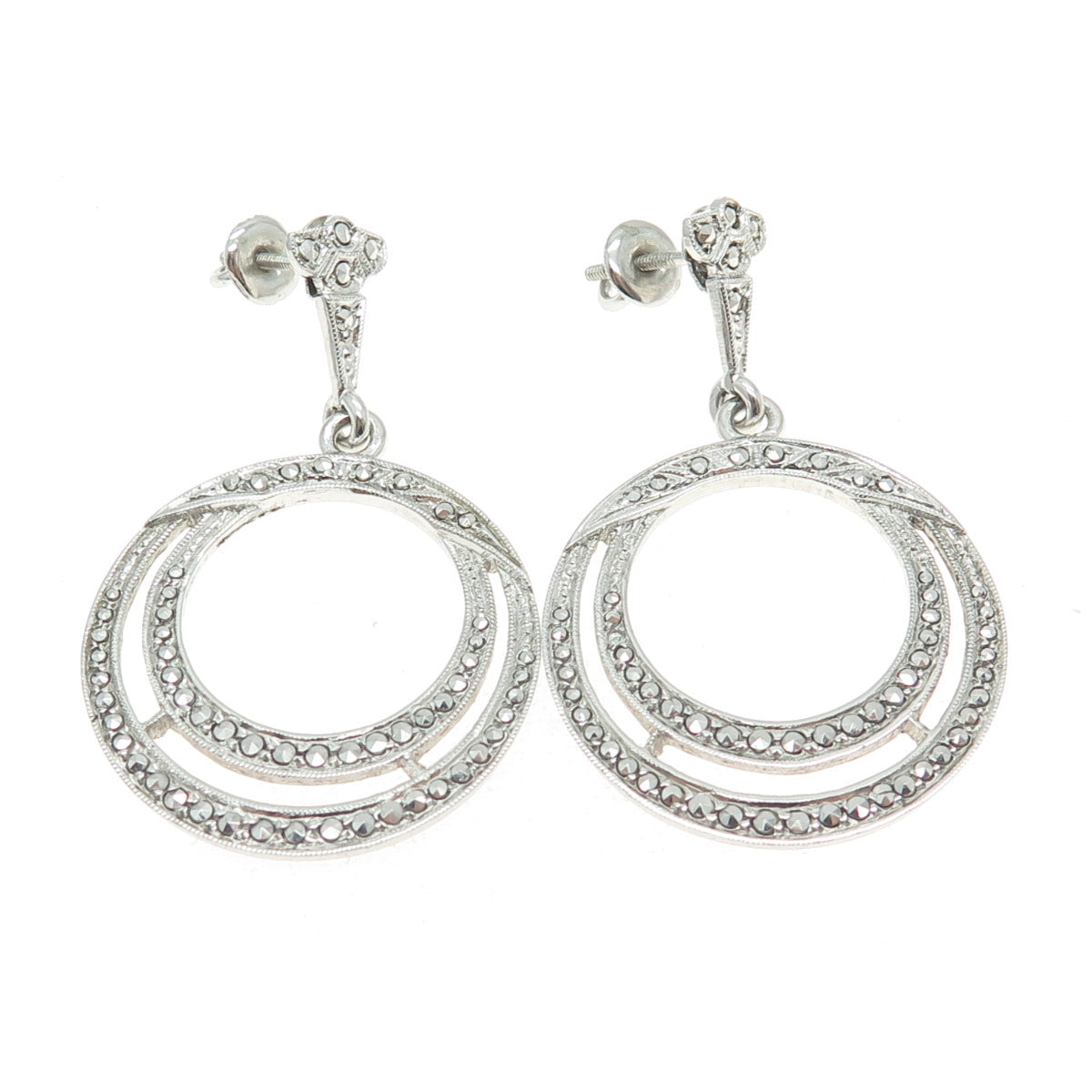 925 Sterling Silver Antique Art Deco Real Marcasite Circle Drop Dangle Earrings