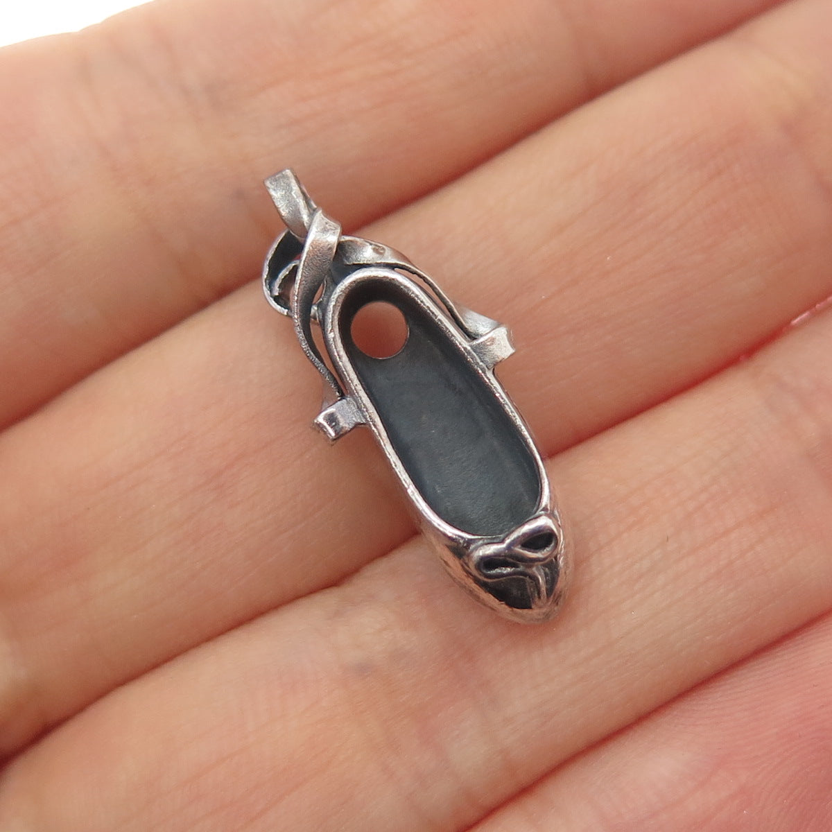 925 Sterling Silver Vintage Ballet Shoe Oxidized 3D Charm Pendant