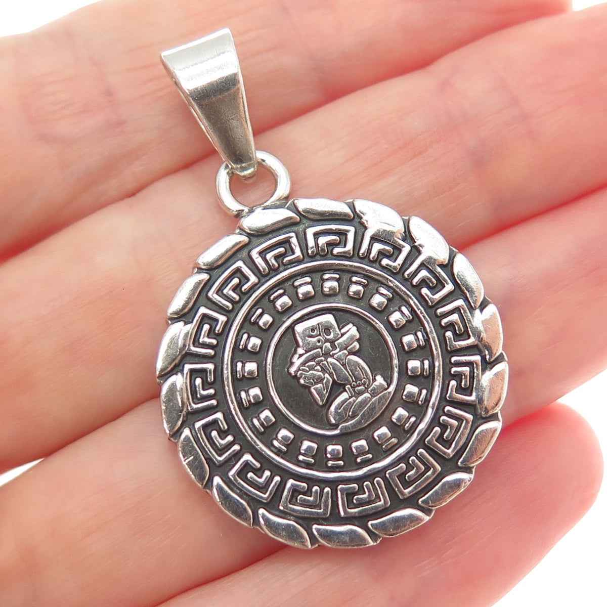 950 Silver Vintage Mexico Aztec Medal Oxidized Charm Pendant