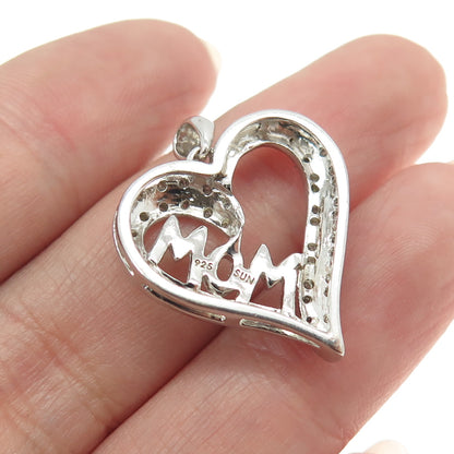 SUN 925 Sterling Silver Real Round-Cut Diamond "MOM" Heart Pendant