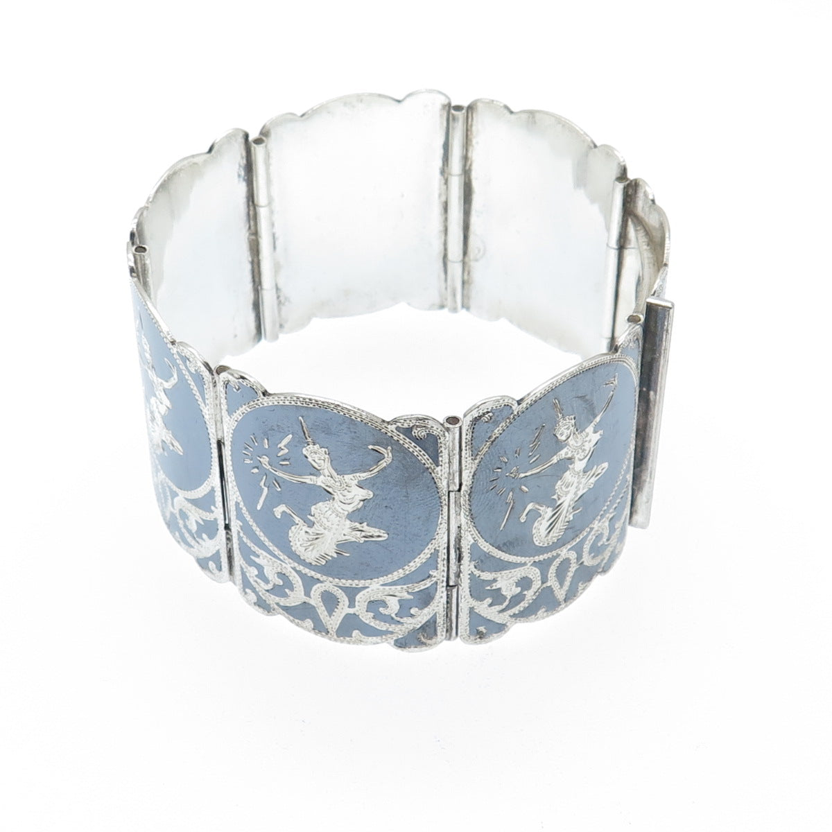 925 Sterling Silver Antique Siam Niello Hindu Goddess Panel Link Bracelet 7.25"