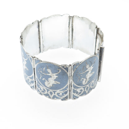925 Sterling Silver Antique Siam Niello Hindu Goddess Panel Link Bracelet 7.25"