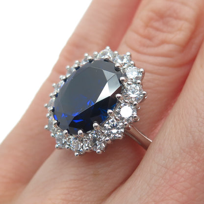 925 Sterling Silver Blue Oval-Cut & White Round-Cut Shaped C Z Ring Size 8.25