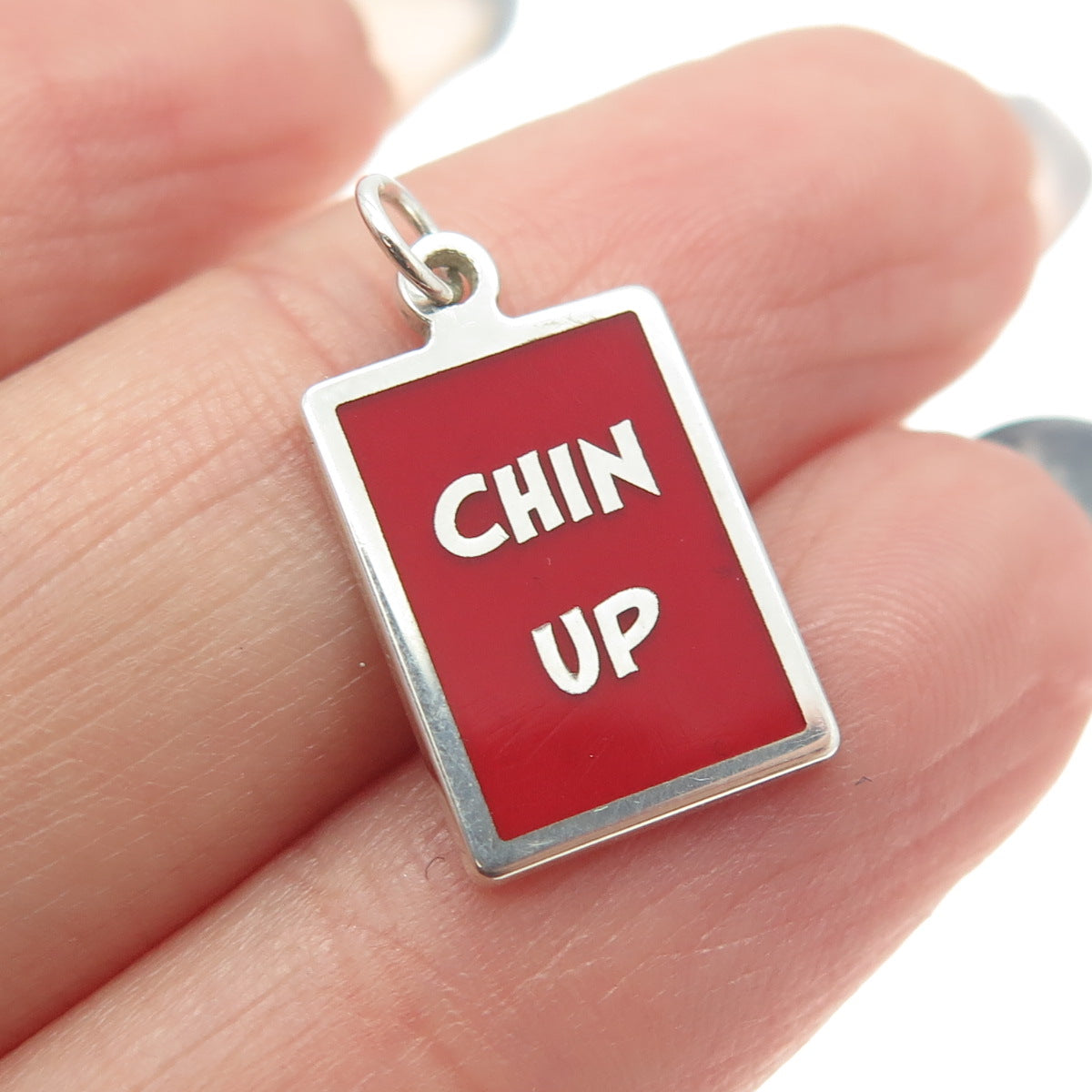 925 Sterling Silver Red Enamel "Chin Up!" Minimalist Charm Pendant