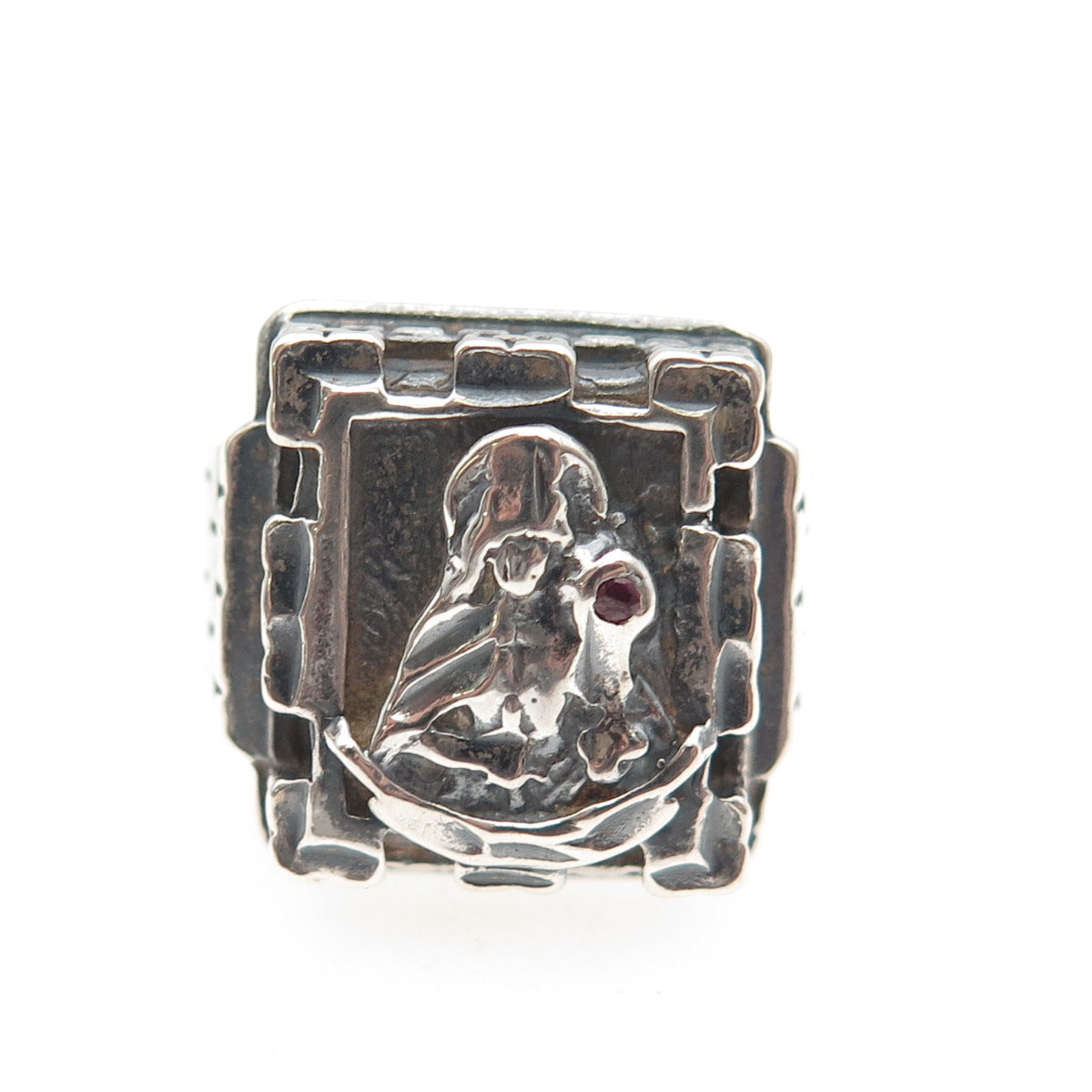 925 Sterling Silver Vintage Real Ruby St. Barbara Religious Oxidized Ring Size 9