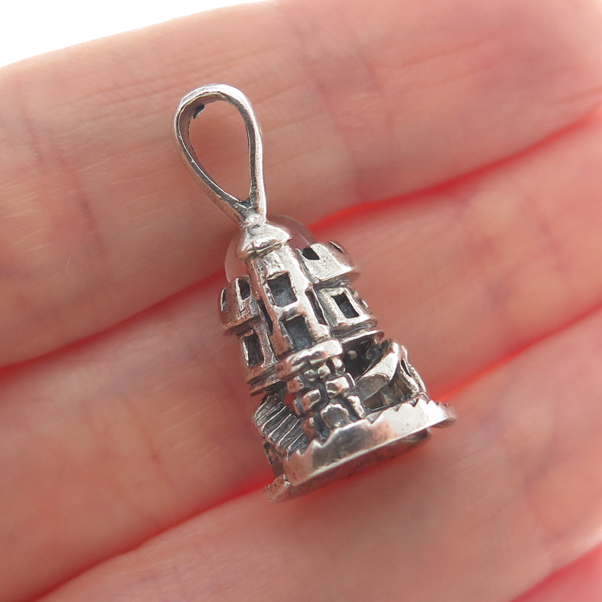 925 Sterling Silver Vintage Glass Tower of David Oxidized Mini 3D Charm Pendant