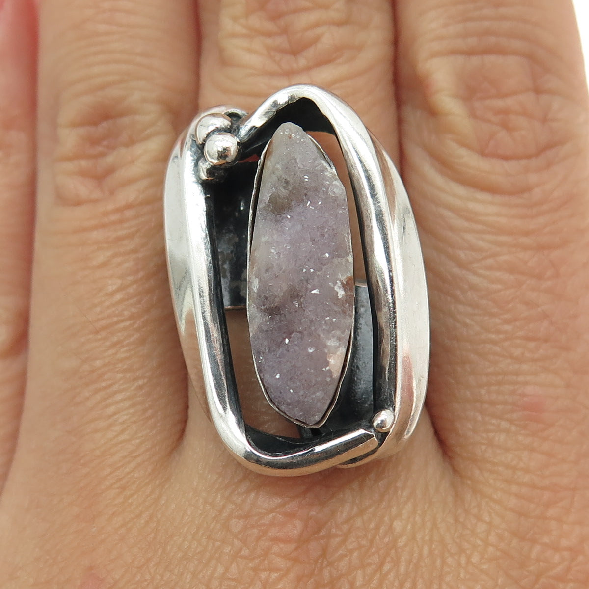 925 Sterling Silver Vintage Real Amethyst Druzy Modernist Ring Size 8.25