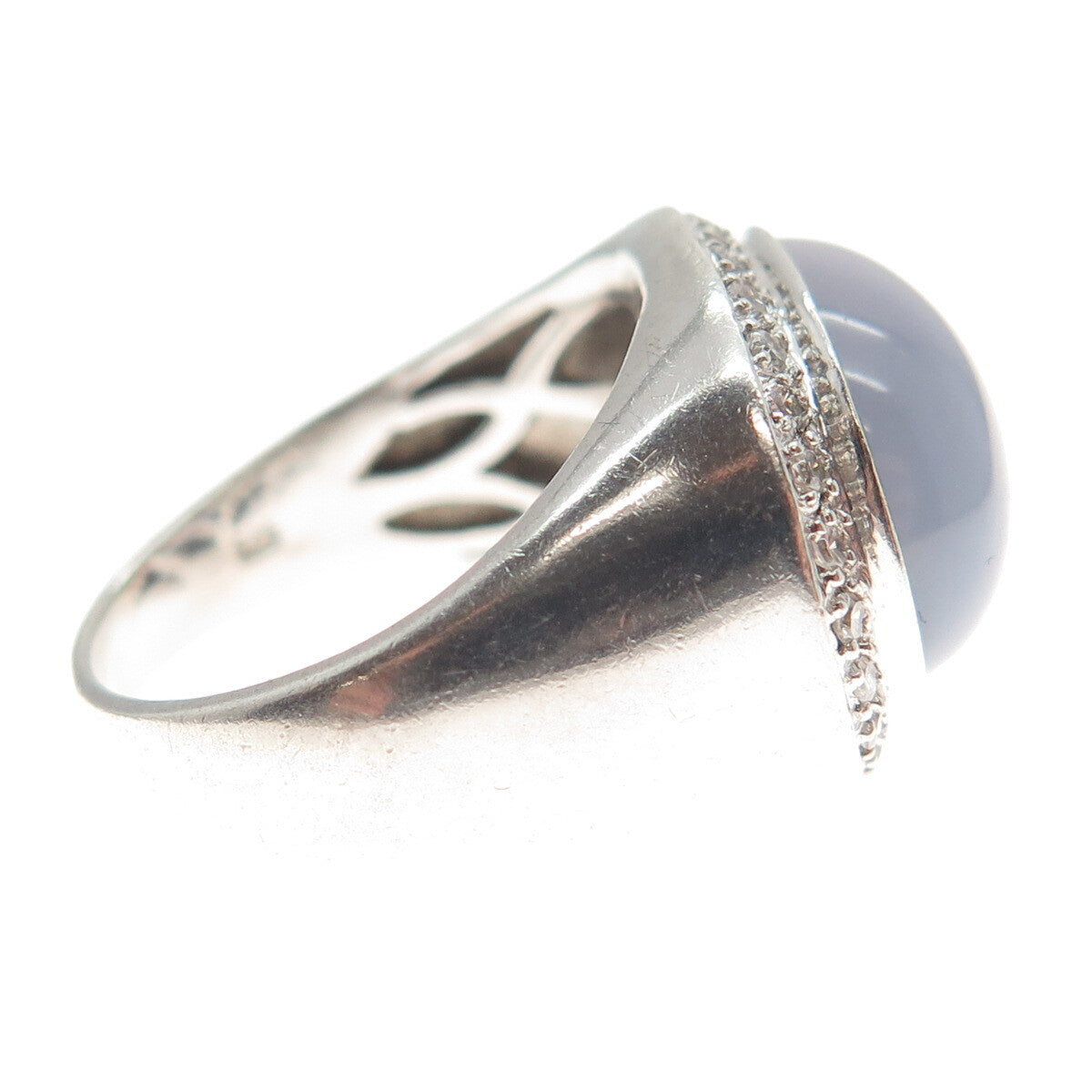 925 Sterling Silver Vintage Real Oval-Cut Lavender Jade Gem & C Z Ring Size 7.25