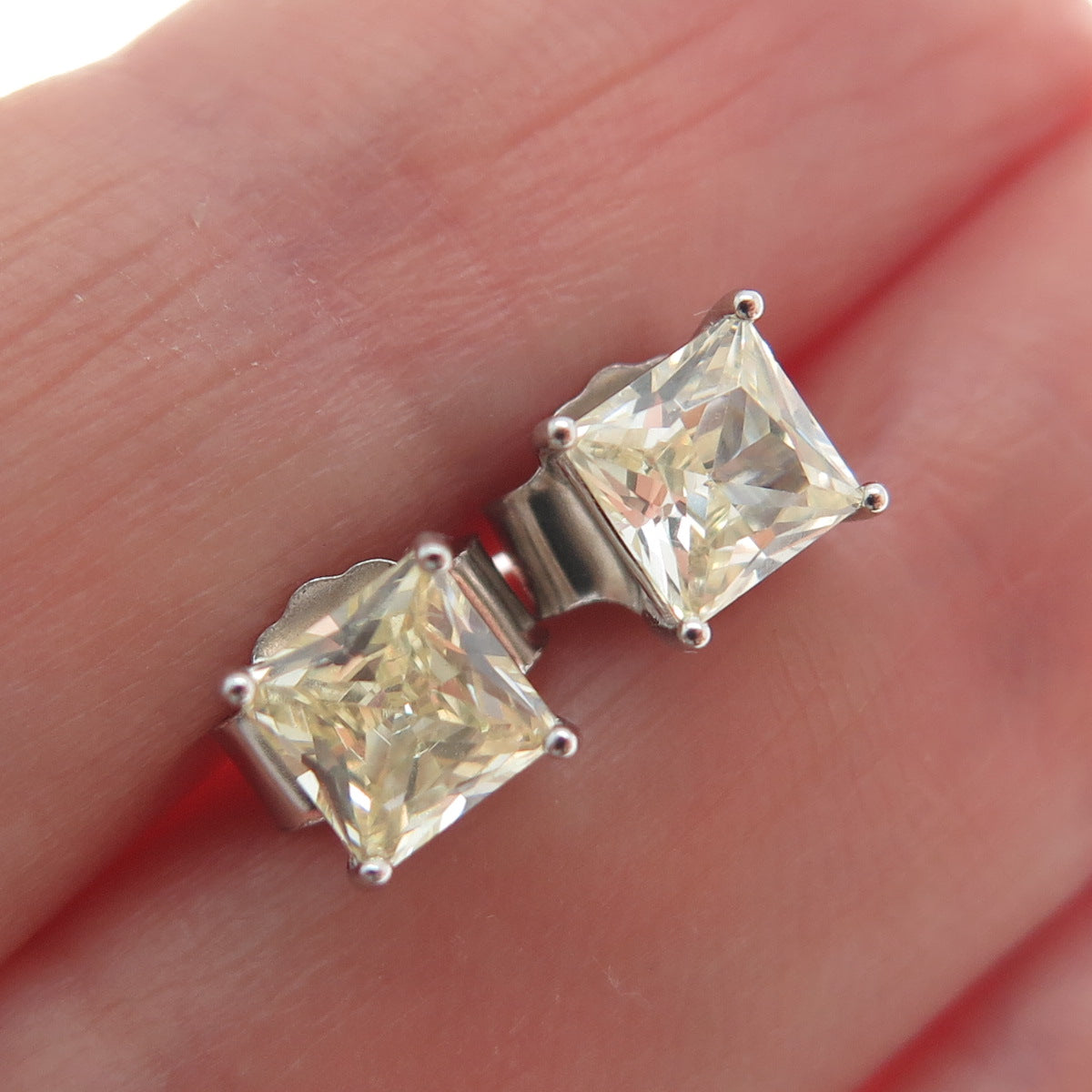 925 Sterling Silver Princess-Cut Canary C Z Stud Earrings